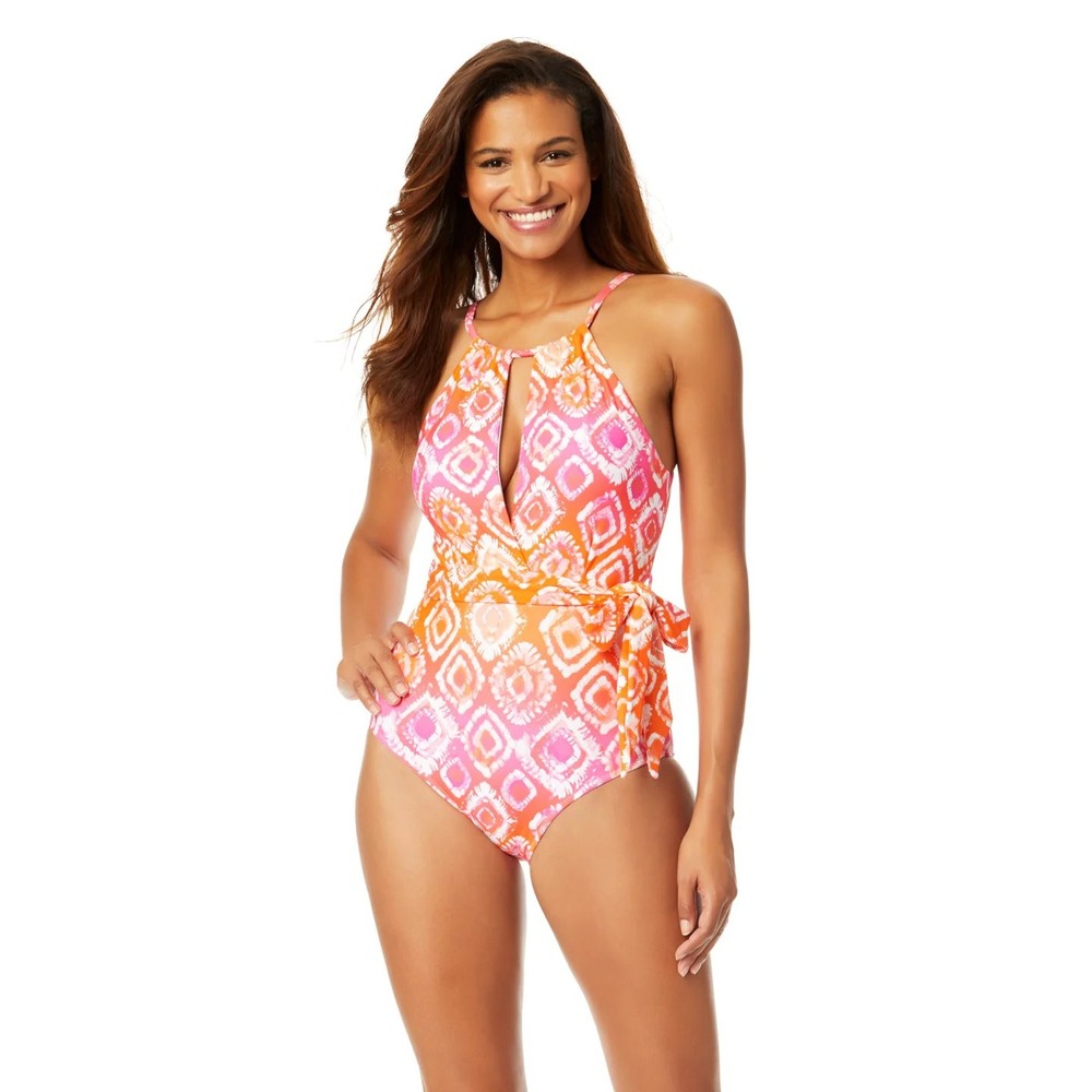 Anne Cole Womens Pink Orange Batik Print High Neck Halter One Piece Swimsuit NEW